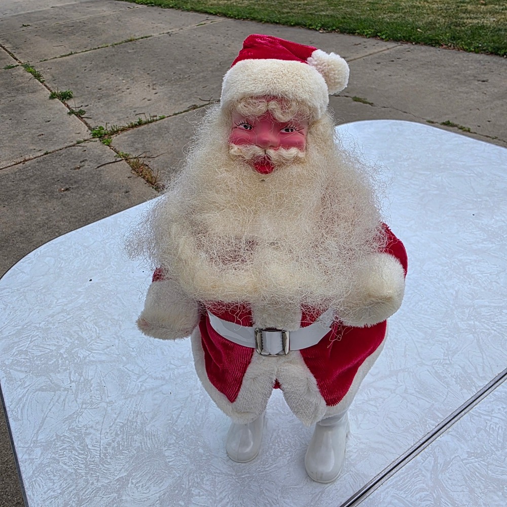 1960s Vintage Santa Claus 15" Red Corduroy Rubber Face Kitsch Christmas Decor